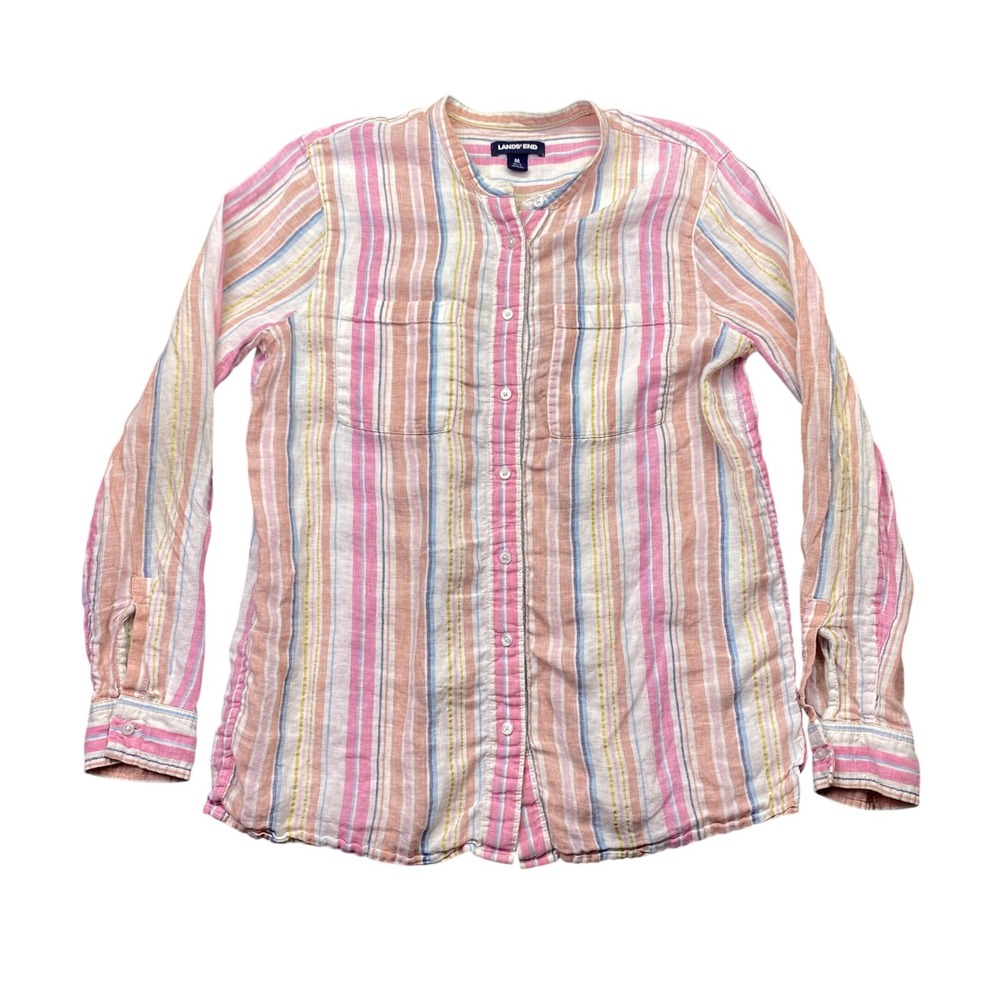 Lands‎ End Womens Medium 10-12 Pink Blue Striped 100% Linen Band Collar Shirt